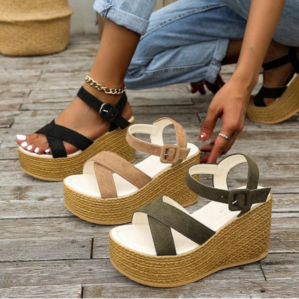 Last 1 COST 🛑Tan Beige Platform High Heel Shoes Buckle Wedge - Picture 5 of 6